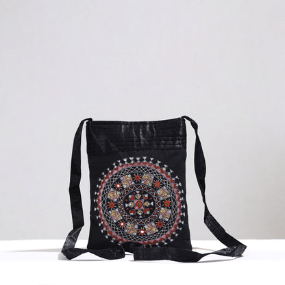 Black - Kutch Neran Hand Embroidery Mirror Work Mashru Silk Sling Bag 08