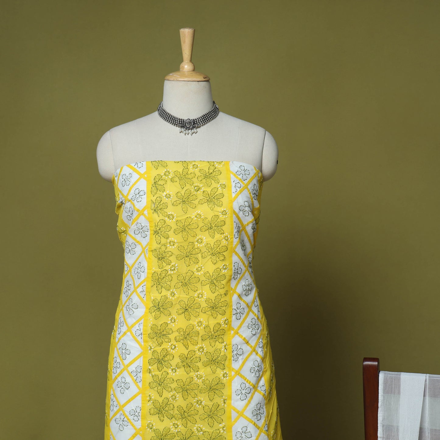 Yellow - 3pc hand embroidery cotton lucknow chikankari
