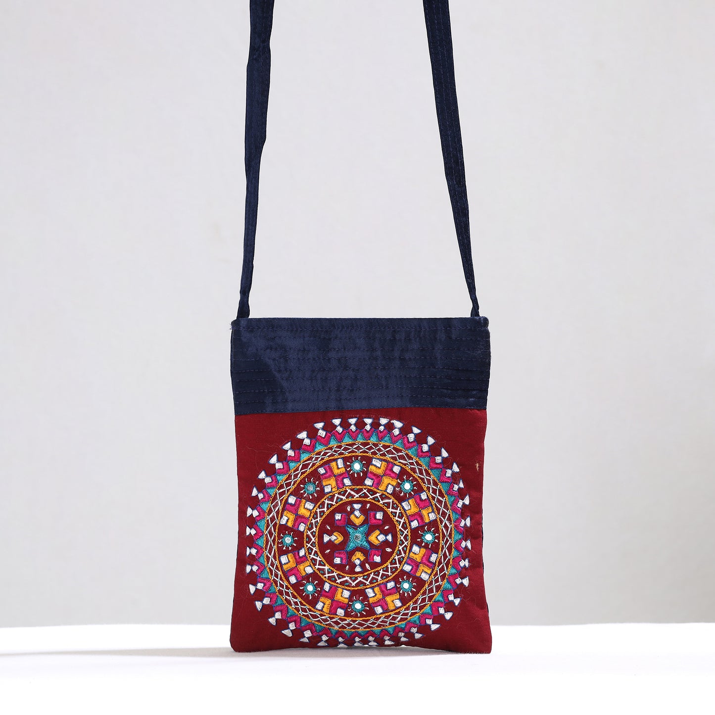 Red - Kutch Neran Hand Embroidery Mirror Work Mashru Silk Sling Bag 09