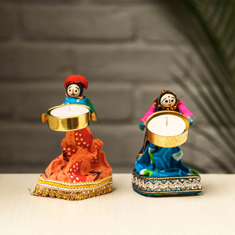 Rajasthani Puppet Couple Handmade Tealight Candle Holders (Set of 2)