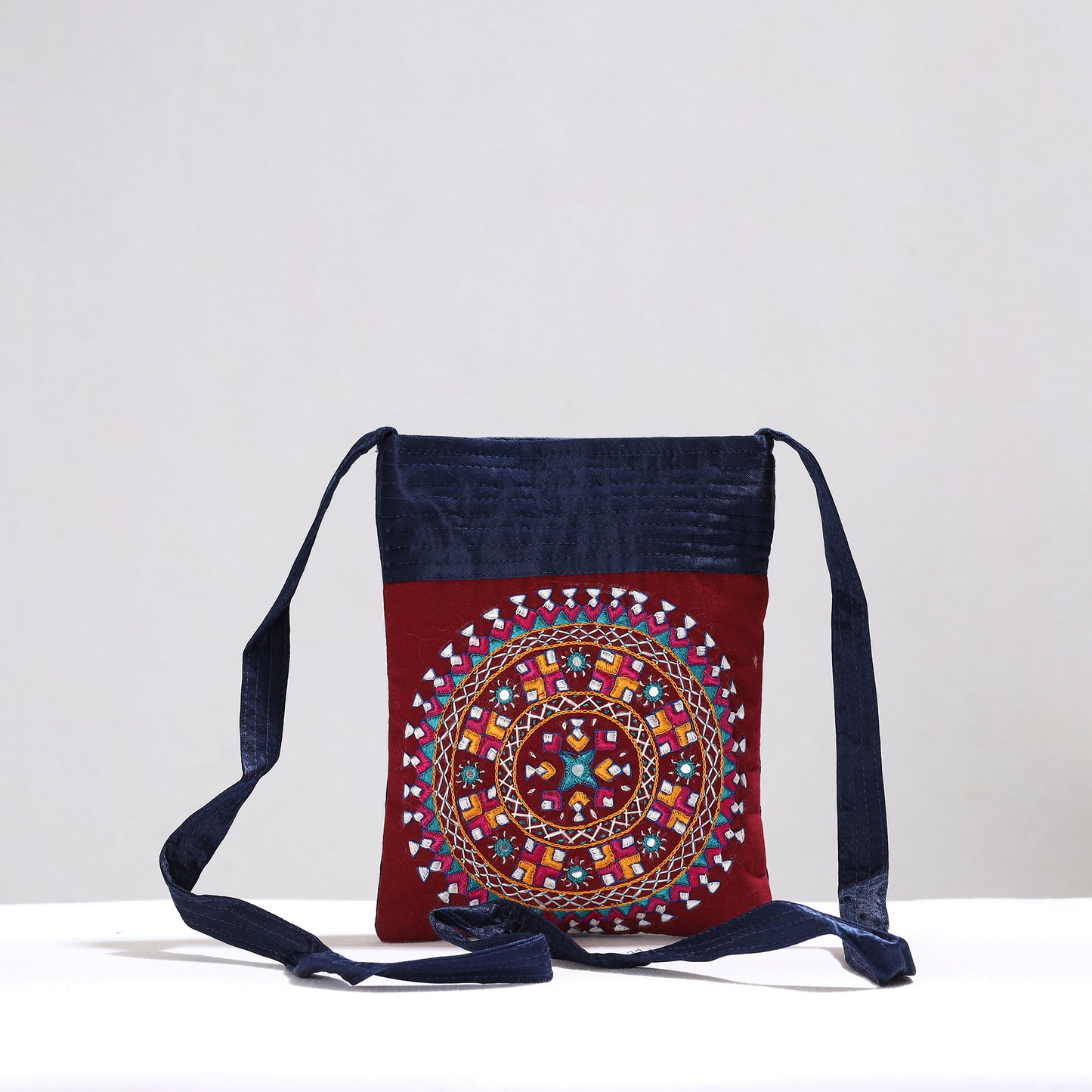 Red - Kutch Neran Hand Embroidery Mirror Work Mashru Silk Sling Bag 09