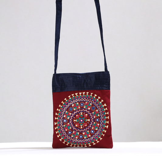 Red - Kutch Neran Hand Embroidery Mirror Work Mashru Silk Sling Bag 10