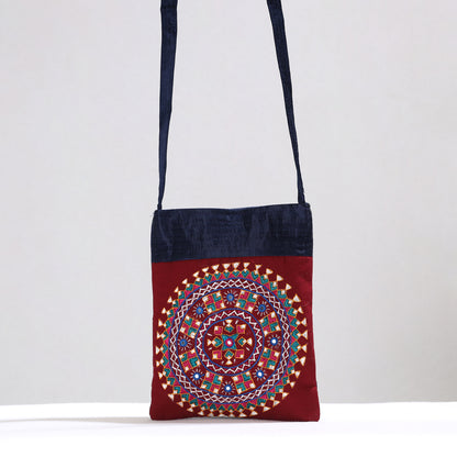Red - Kutch Neran Hand Embroidery Mirror Work Mashru Silk Sling Bag 10