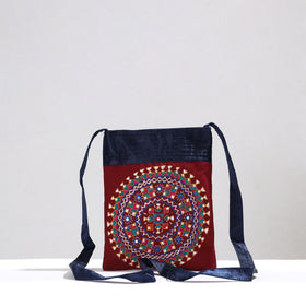 Red Kutch Neran Hand Embroidery Mashru Silk Sling Bag