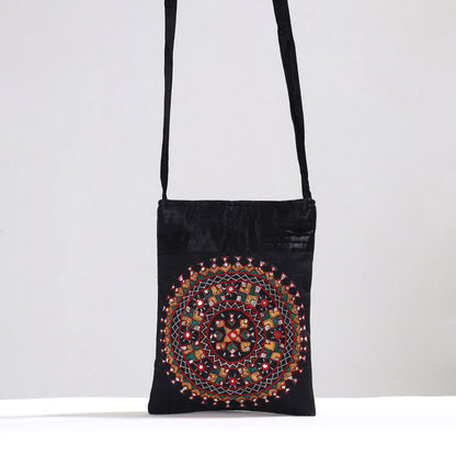 Black - Kutch Neran Hand Embroidery Mirror Work Mashru Silk Sling Bag 11