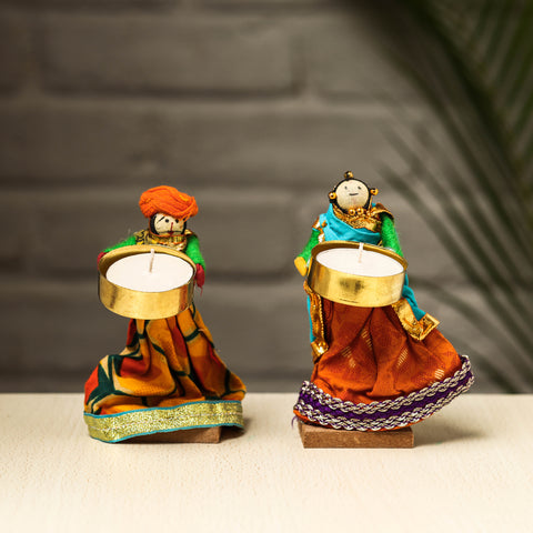 Rajasthani Puppet Couple Handmade Tealight Candle Holders (Set of 2)