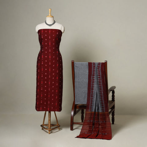 Maroon - 3pc handloom cotton unstitched sambalpuri dress