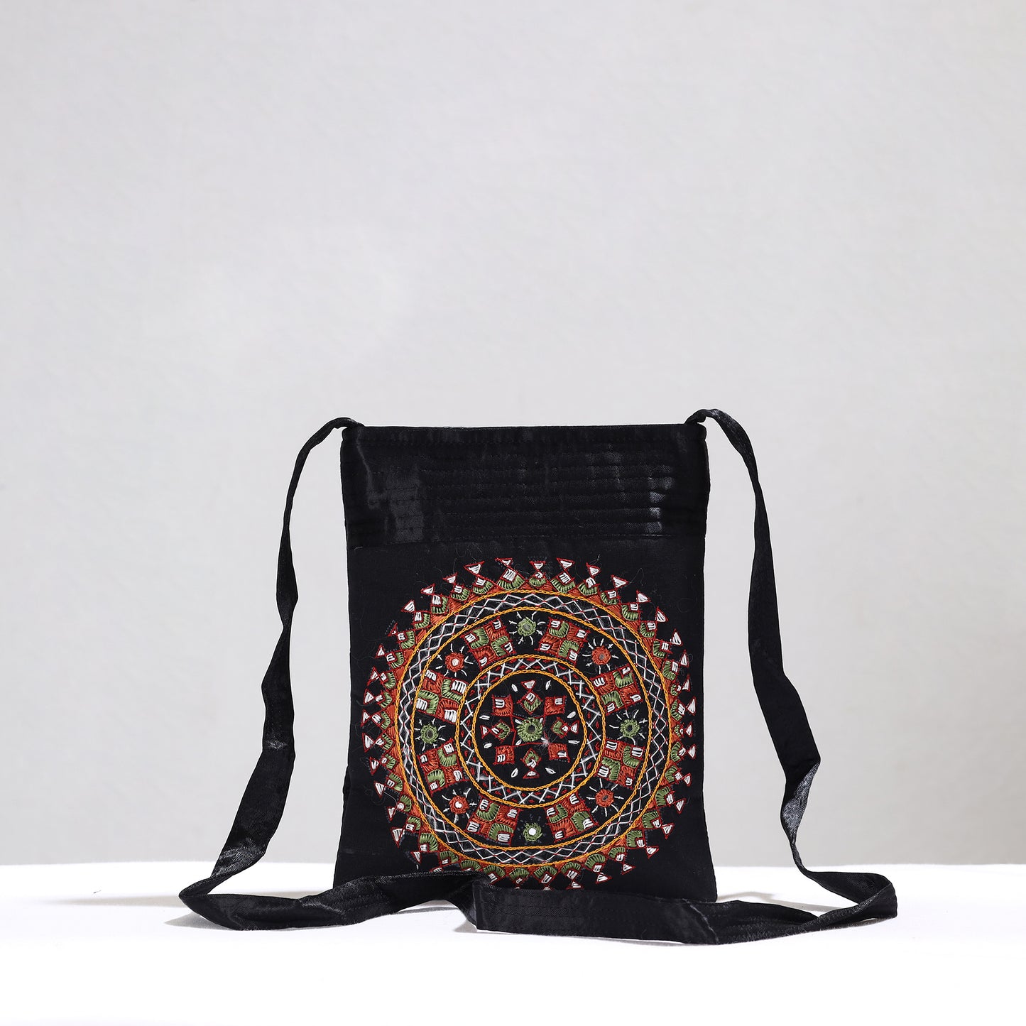 Black - Kutch Neran Hand Embroidery Mirror Work Mashru Silk Sling Bag 12