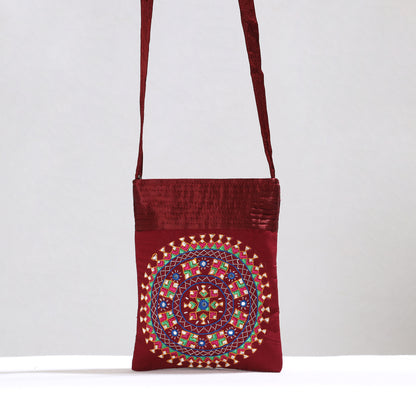Red - Kutch Neran Hand Embroidery Mirror Work Mashru Silk Sling Bag 13
