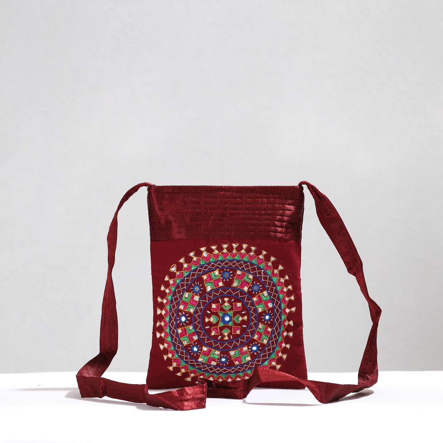 Red - Kutch Neran Hand Embroidery Mirror Work Mashru Silk Sling Bag 13