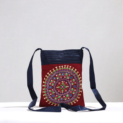 Red - Kutch Neran Hand Embroidery Mirror Work Mashru Silk Sling Bag 15