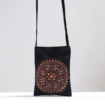 Black - Kutch Neran Hand Embroidery Mirror Work Mashru Silk Sling Bag 17