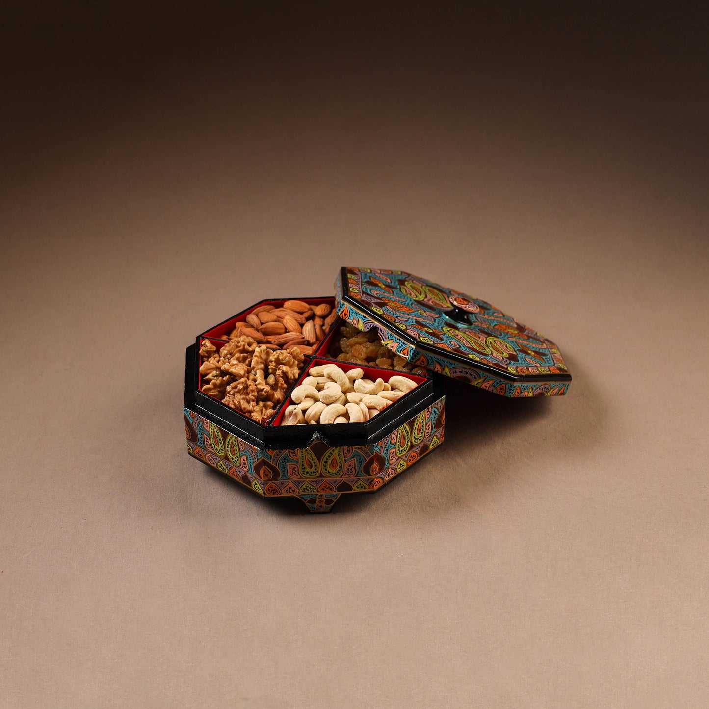 Kashmiri Handpainted Paper Mache Dry Fruit Box (8 x 8 Inch) 57