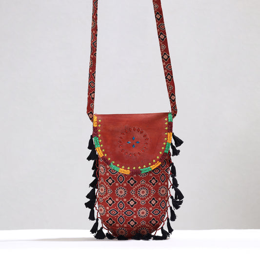 Red - Kutch Leather & Mashru Silk Sling Bag with Tassels 20