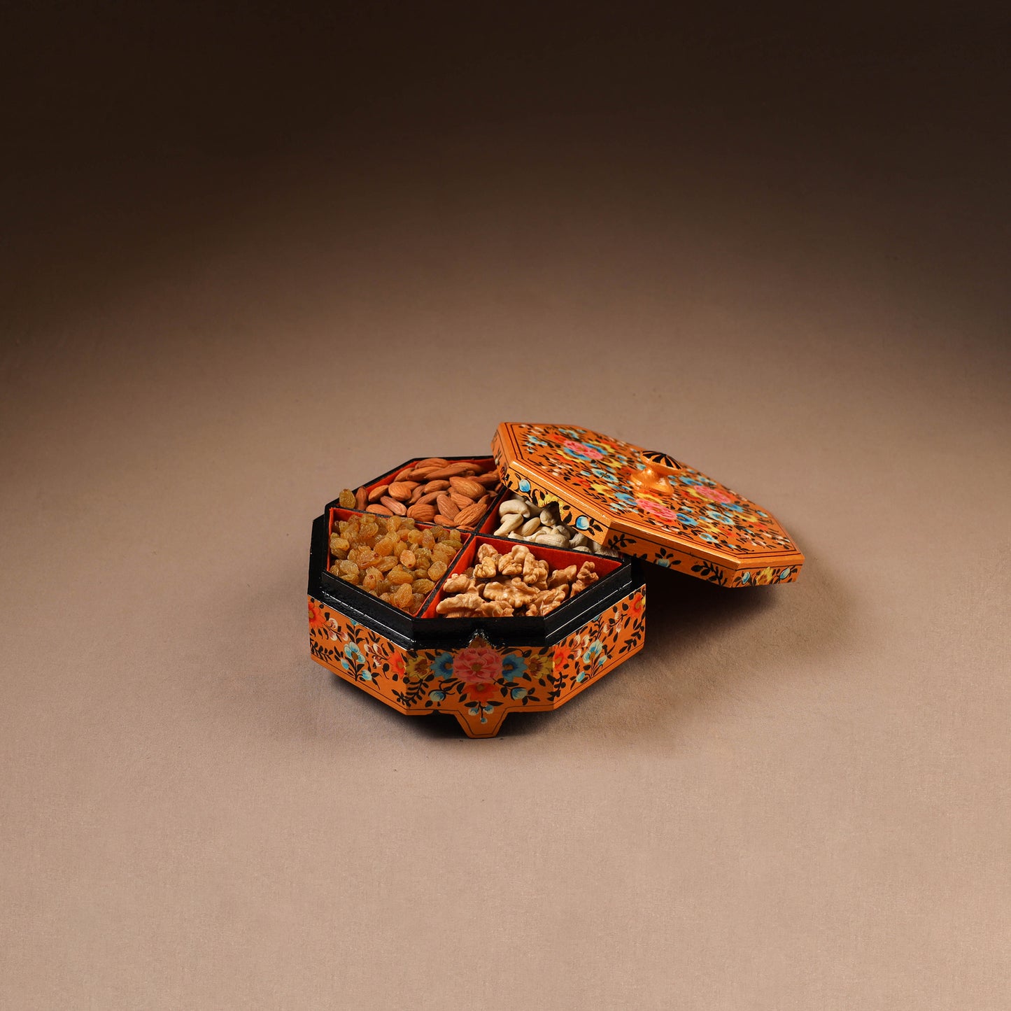 Kashmiri Handpainted Paper Mache Dry Fruit Box (8 x 8 Inch) 58