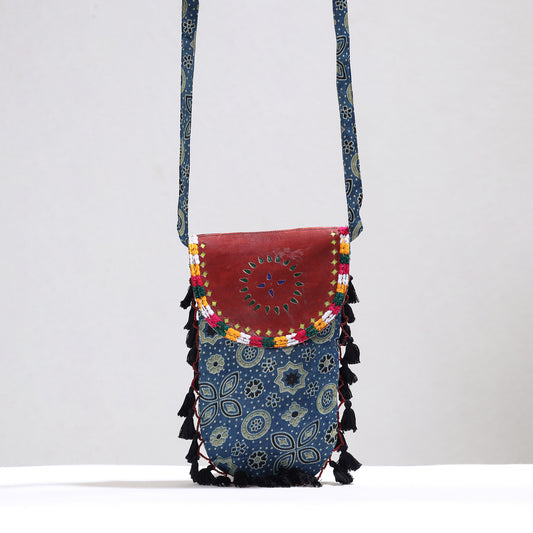 Blue - Kutch Leather & Mashru Silk Sling Bag with Tassels 22