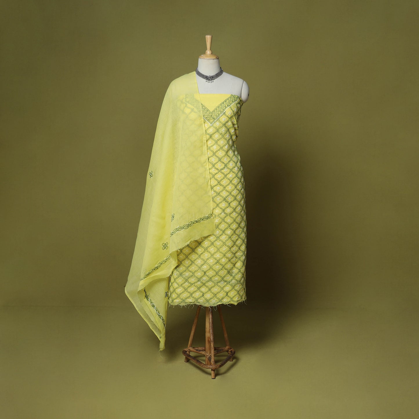 Yellow - 3pc hand embroidery cotton lucknow chikankari