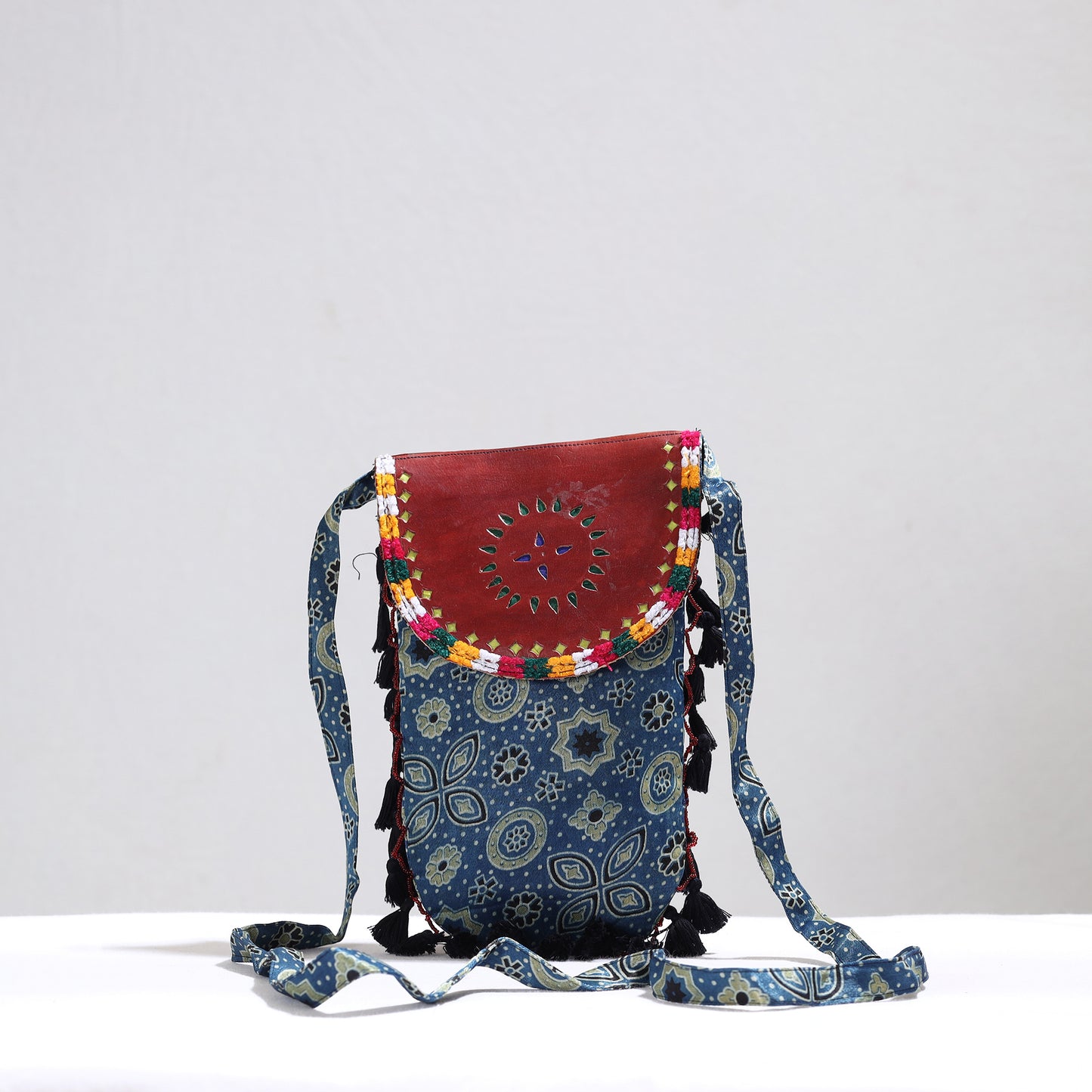 Blue - Kutch Leather & Mashru Silk Sling Bag with Tassels 22