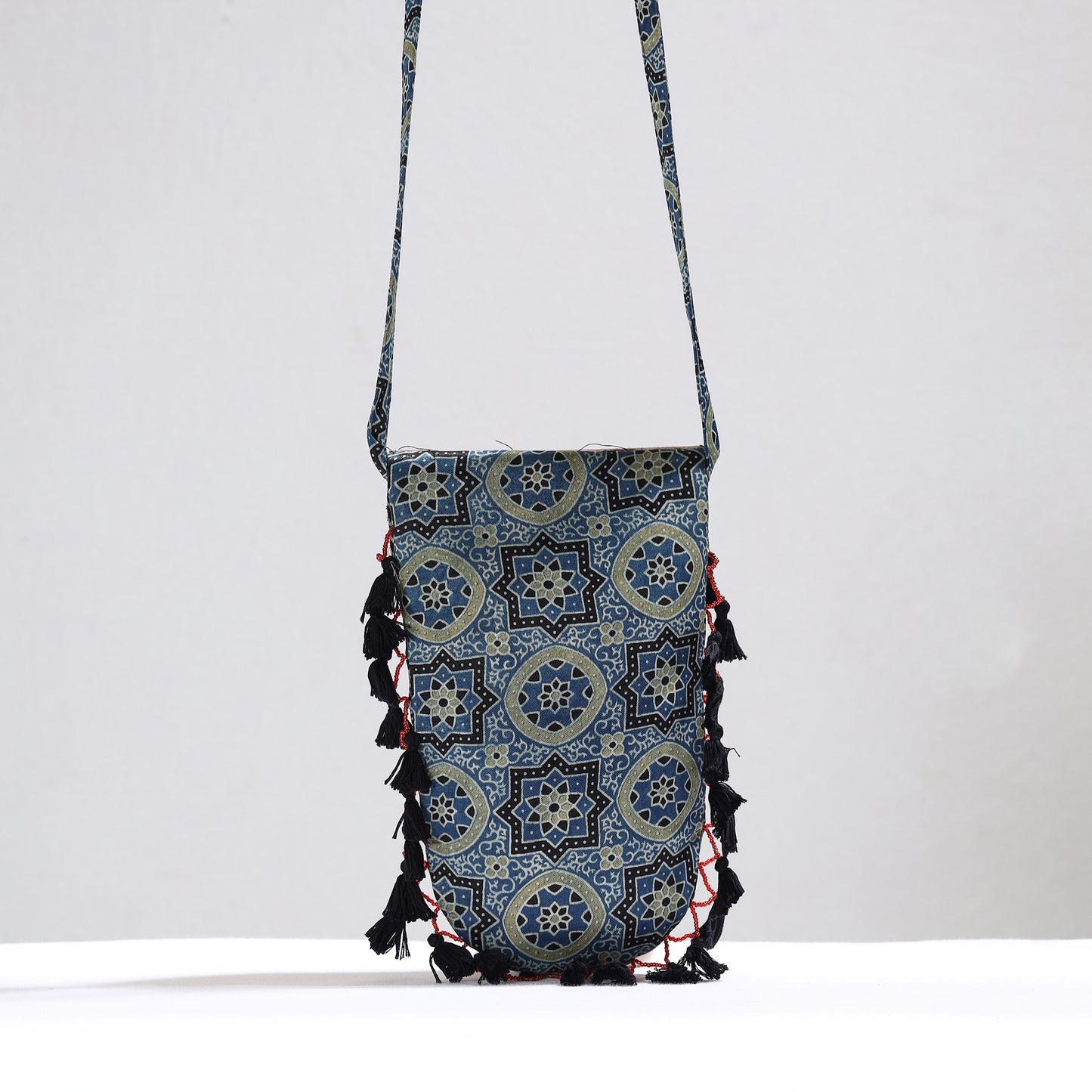 Blue - Kutch Leather & Mashru Silk Sling Bag with Tassels 23