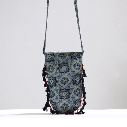 Blue - Kutch Leather & Mashru Silk Sling Bag with Tassels 23