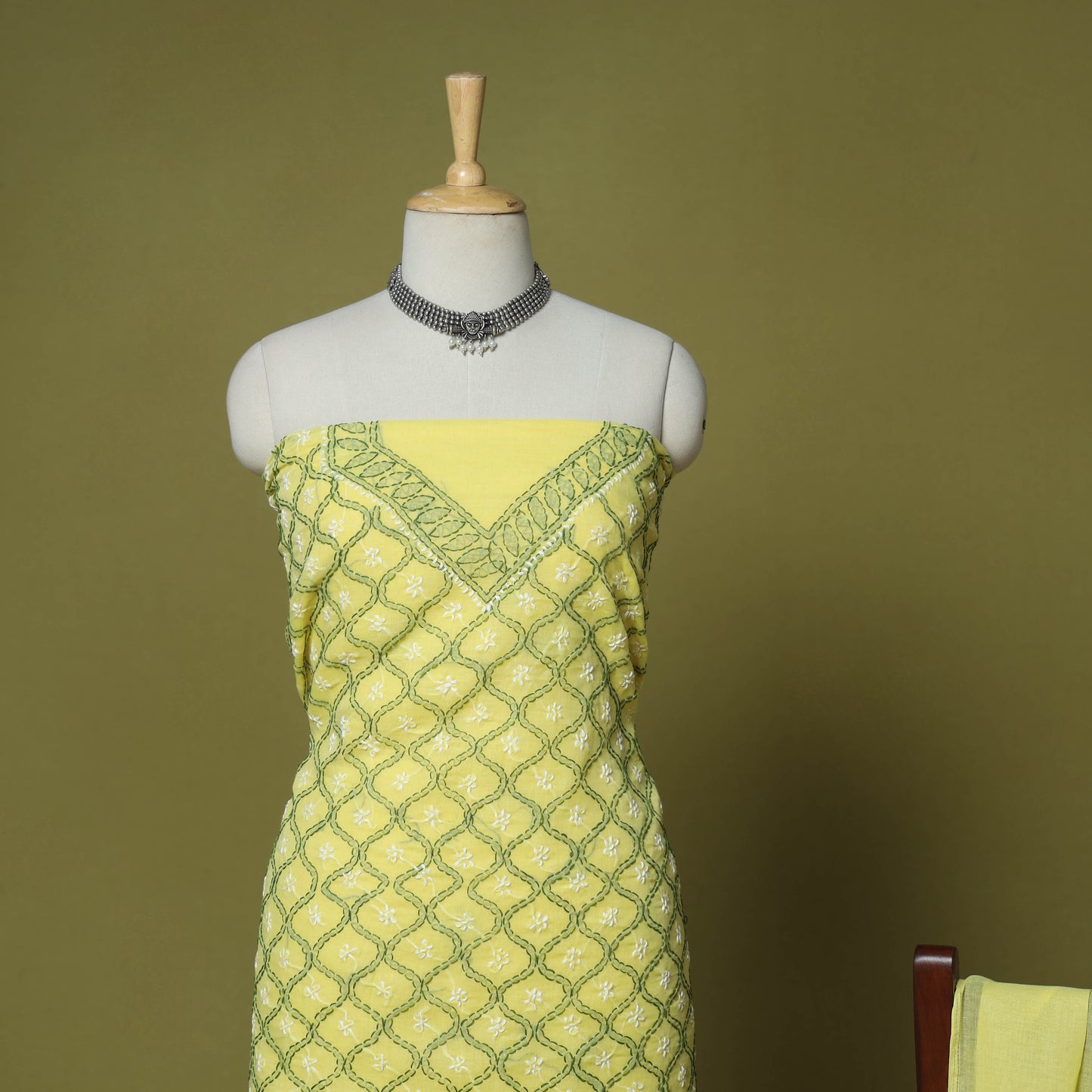 Yellow - 3pc hand embroidery cotton lucknow chikankari