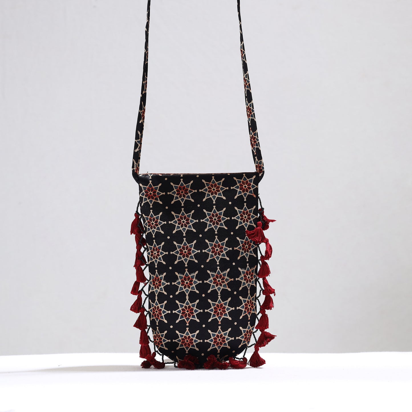 Black - Kutch Leather & Mashru Silk Sling Bag with Tassels 24