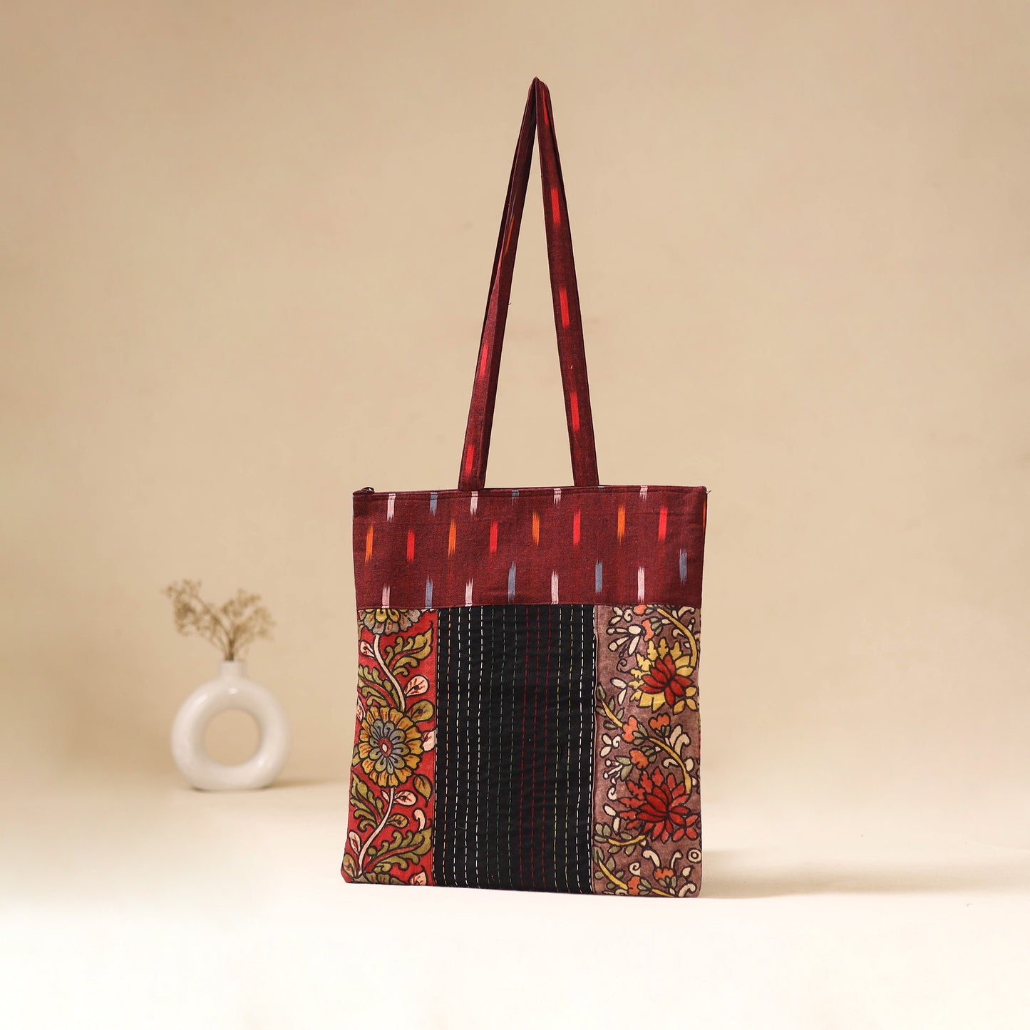 Srikalahasti Handpainted Kalamkari Ikat Patch Shoulder Bag by Dwarka Plus 42