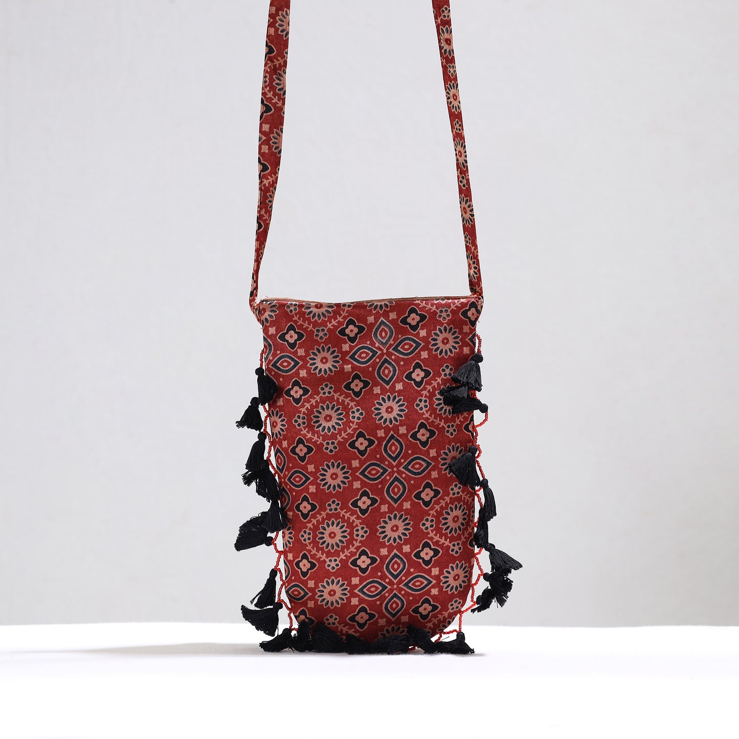 Red - Kutch Leather & Mashru Silk Sling Bag with Tassels 25