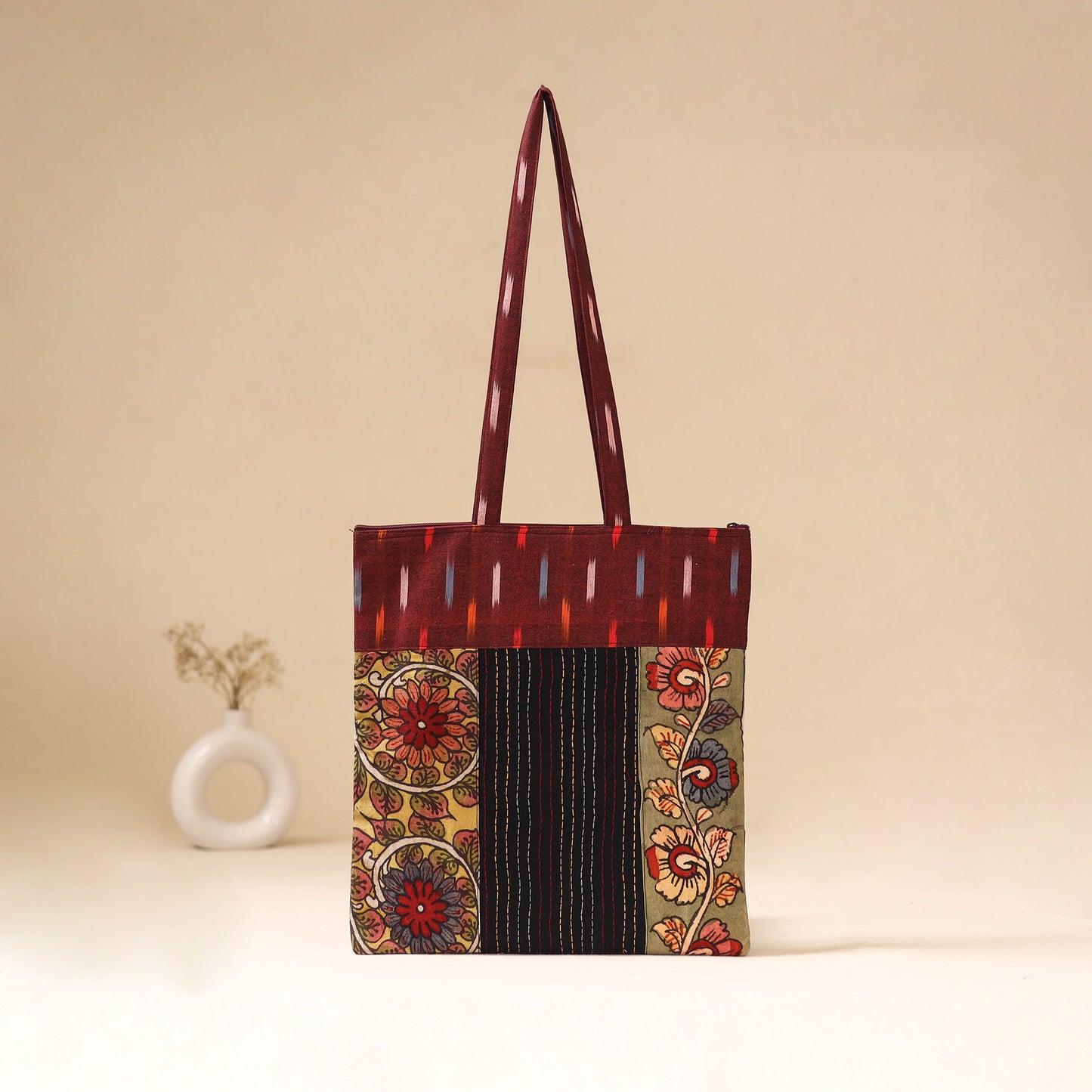 Srikalahasti Handpainted Kalamkari Ikat Patch Shoulder Bag by Dwarka Plus 42