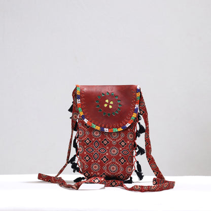 Red - Kutch Leather & Mashru Silk Sling Bag with Tassels 25