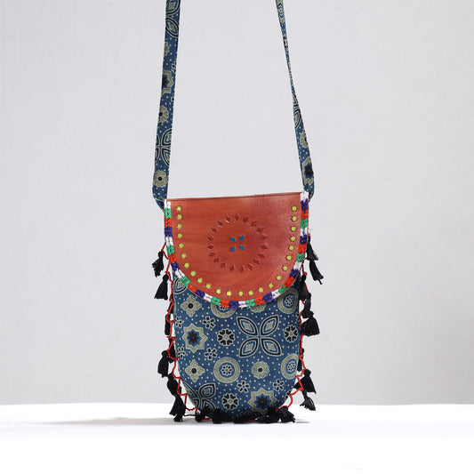 Blue - Kutch Leather & Mashru Silk Sling Bag with Tassels 26