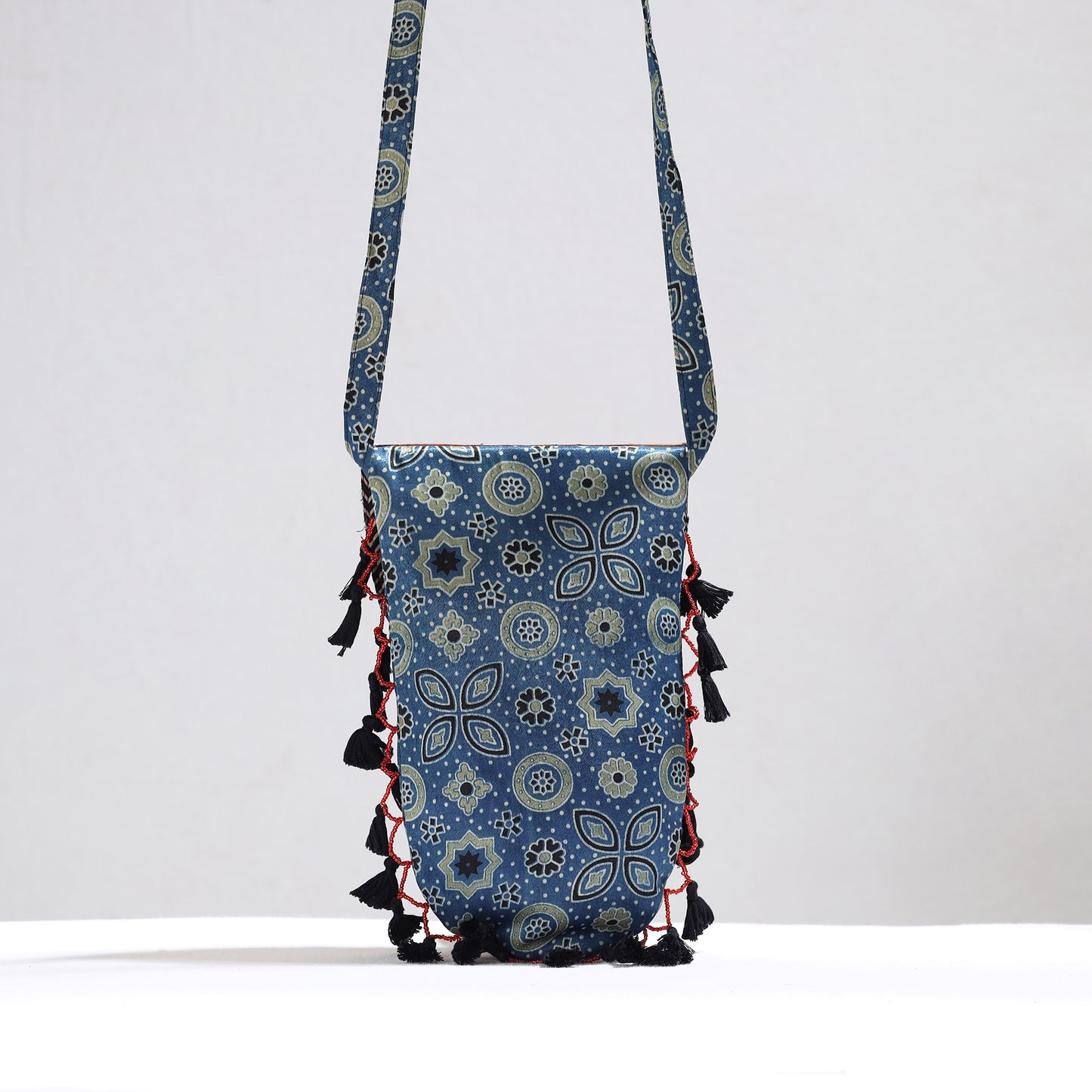 Blue - Kutch Leather & Mashru Silk Sling Bag with Tassels 26