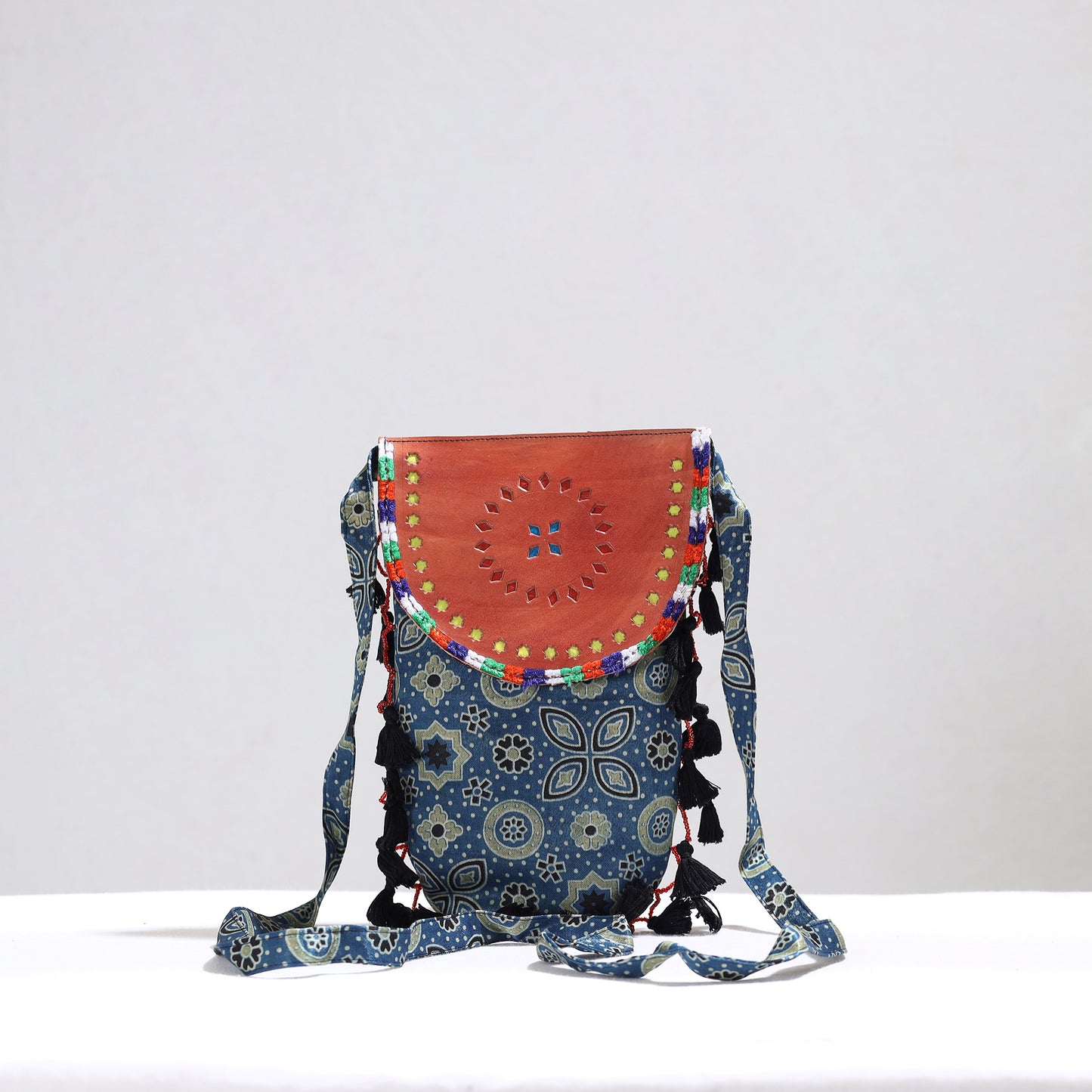 Blue - Kutch Leather & Mashru Silk Sling Bag with Tassels 26