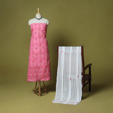 Pink - 3pc hand embroidery cotton lucknow chikankari dress