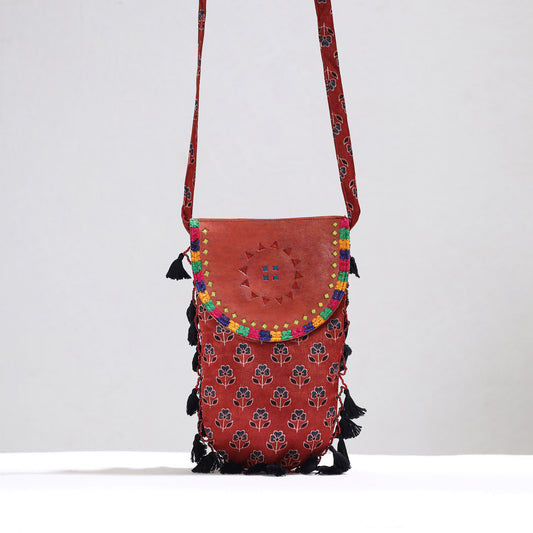 Red - Kutch Leather & Mashru Silk Sling Bag with Tassels 27