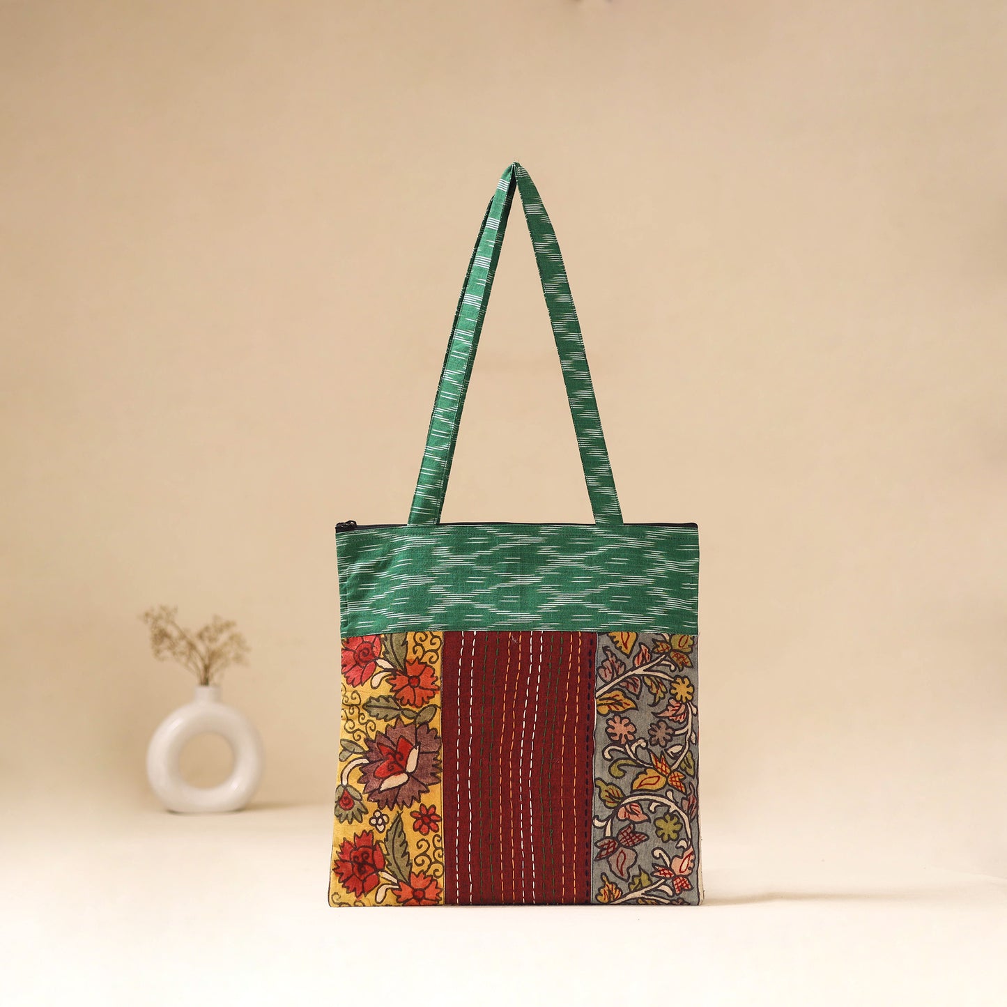 Srikalahasti Handpainted Kalamkari Ikat Patch Shoulder Bag by Dwarka Plus 45