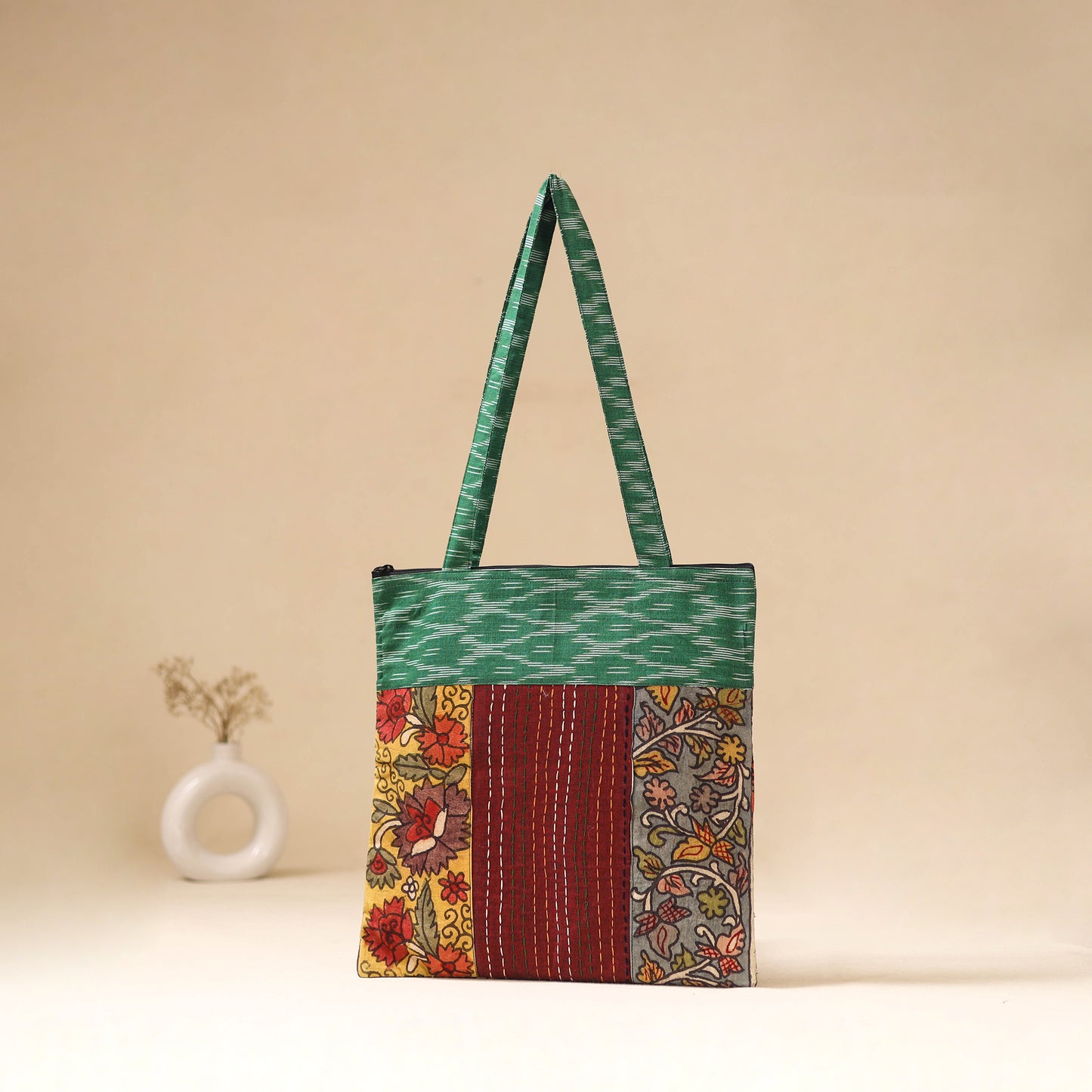 Srikalahasti Handpainted Kalamkari Ikat Patch Shoulder Bag by Dwarka Plus 45