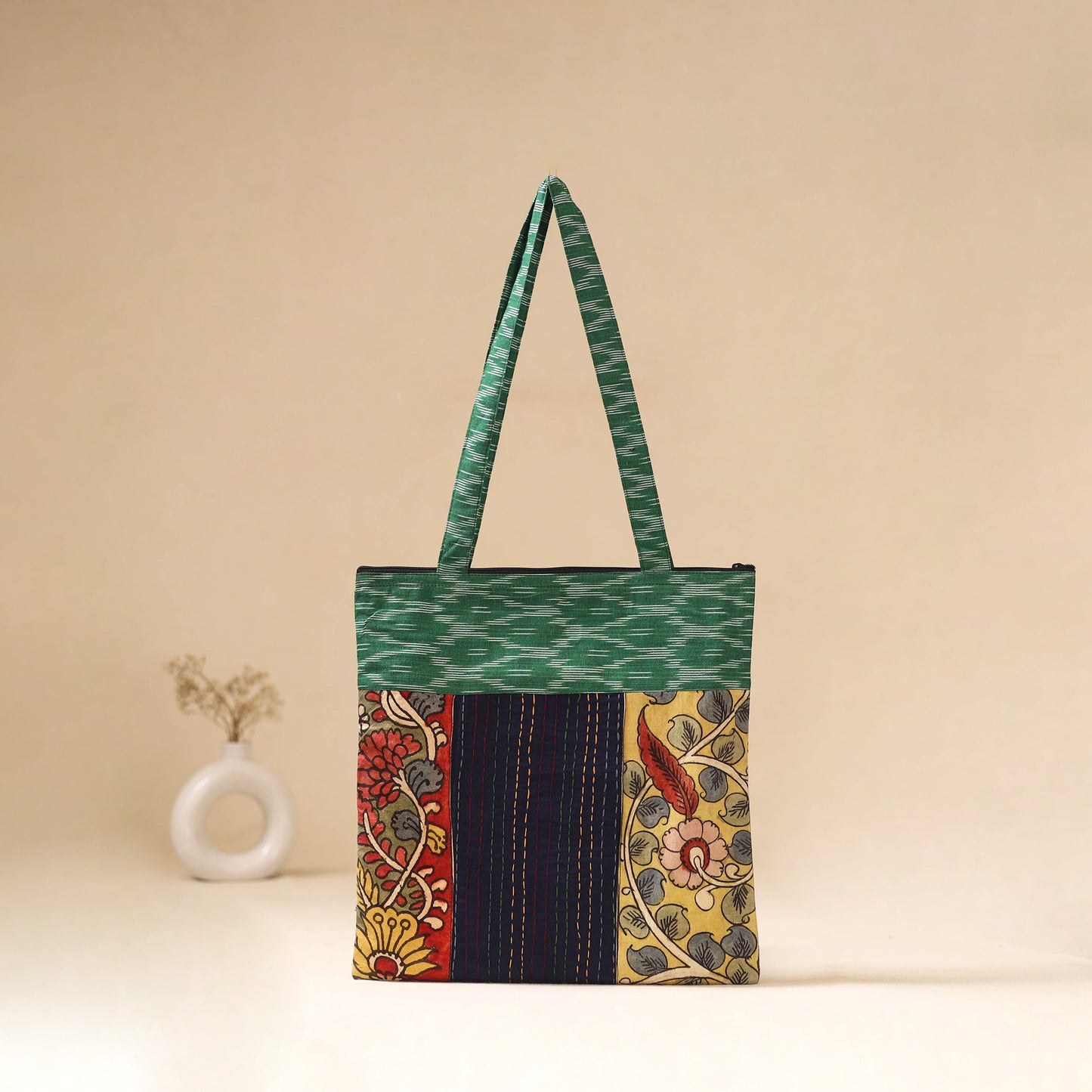 Srikalahasti Handpainted Kalamkari Ikat Patch Shoulder Bag by Dwarka Plus 45