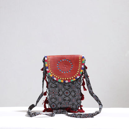 Black - Kutch Leather & Mashru Silk Sling Bag with Tassels 29