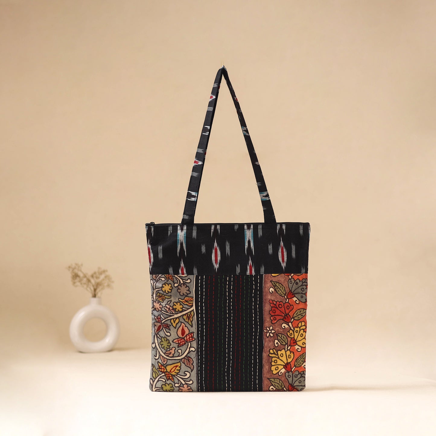 Srikalahasti Handpainted Kalamkari Ikat Patch Shoulder Bag by Dwarka Plus 46