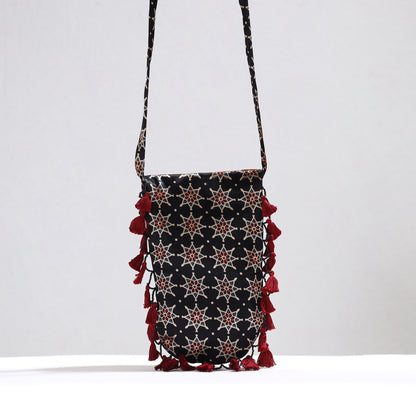 Black - Kutch Leather & Mashru Silk Sling Bag with Tassels 30
