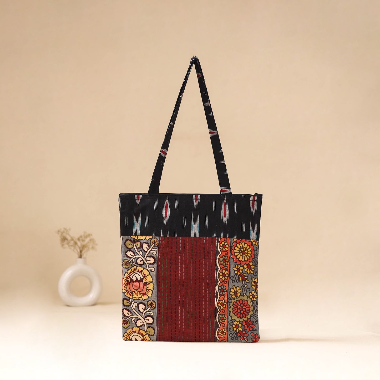 Srikalahasti Handpainted Kalamkari Ikat Patch Shoulder Bag by Dwarka Plus 46