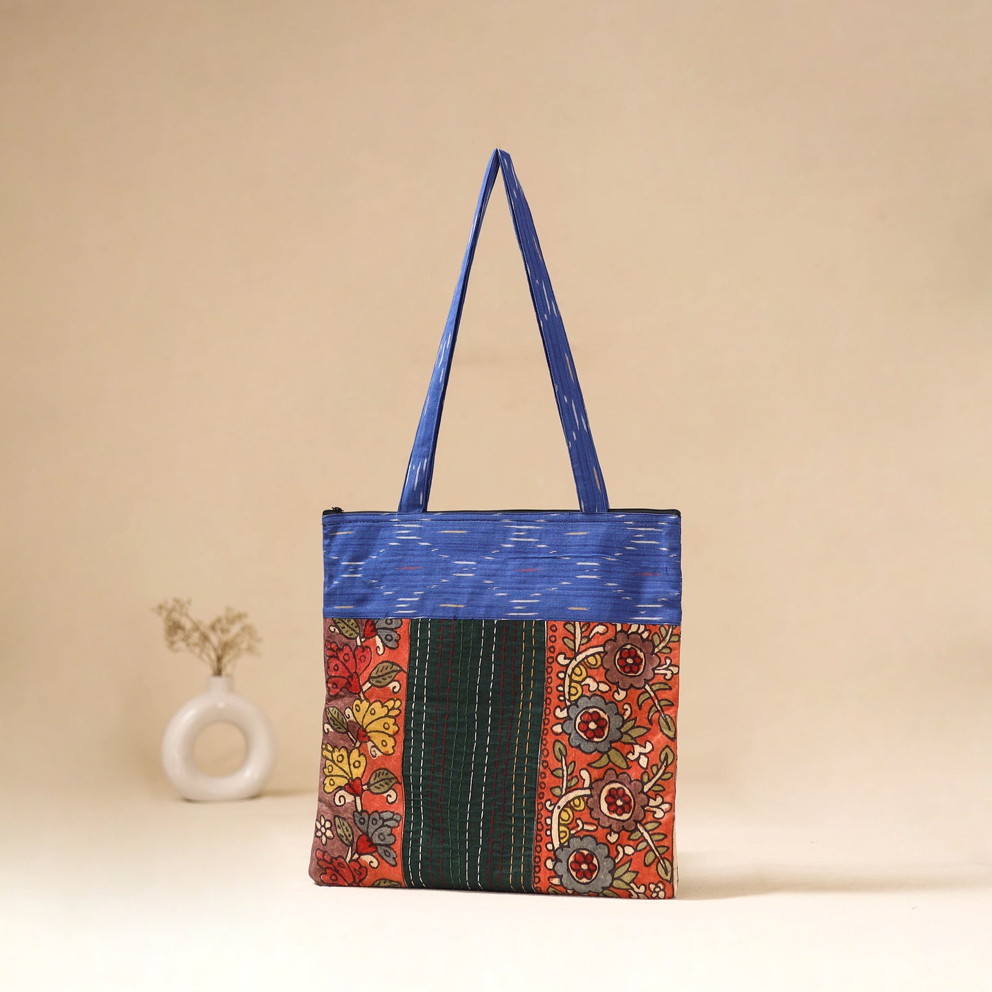 Srikalahasti Handpainted Kalamkari Ikat Patch Shoulder Bag by Dwarka Plus 47