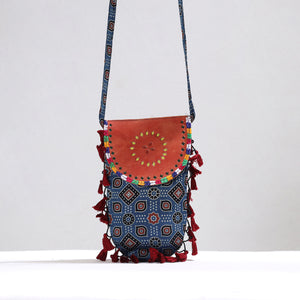 Blue - Kutch Leather & Mashru Silk Sling Bag with Tassels 32