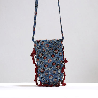 Blue - Kutch Leather & Mashru Silk Sling Bag with Tassels 32