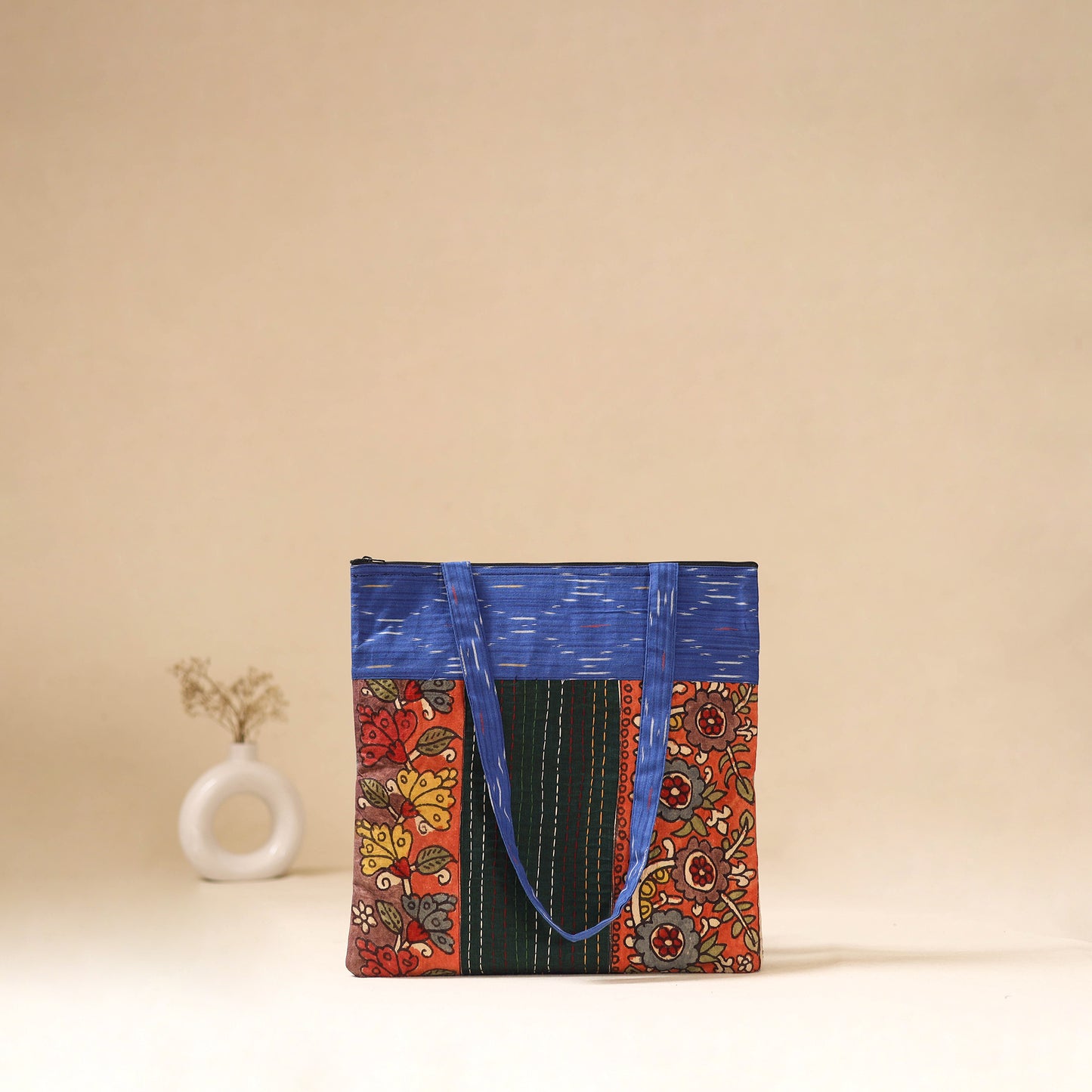 Srikalahasti Handpainted Kalamkari Ikat Patch Shoulder Bag by Dwarka Plus 47