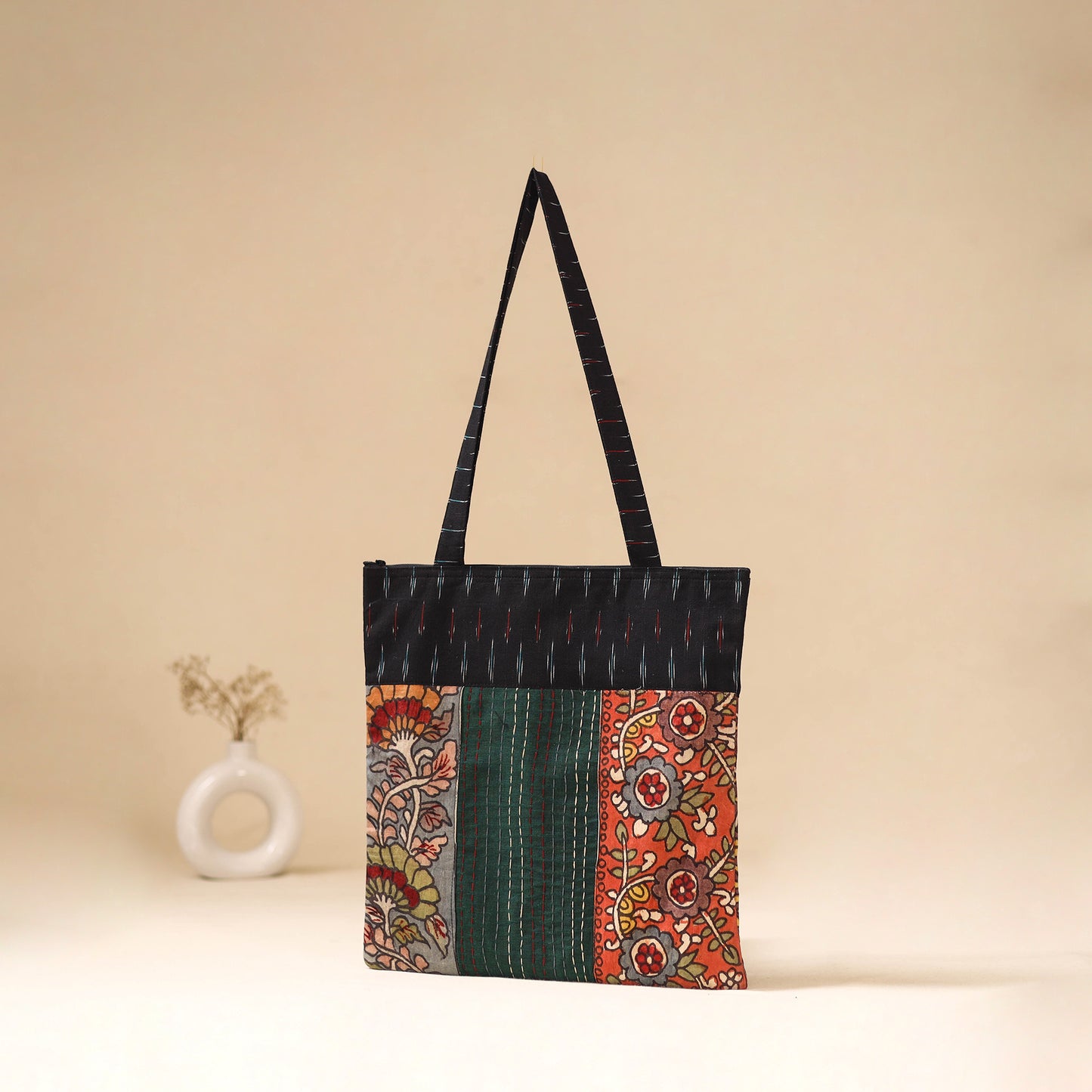 Srikalahasti Handpainted Kalamkari Ikat Patch Shoulder Bag by Dwarka Plus 48