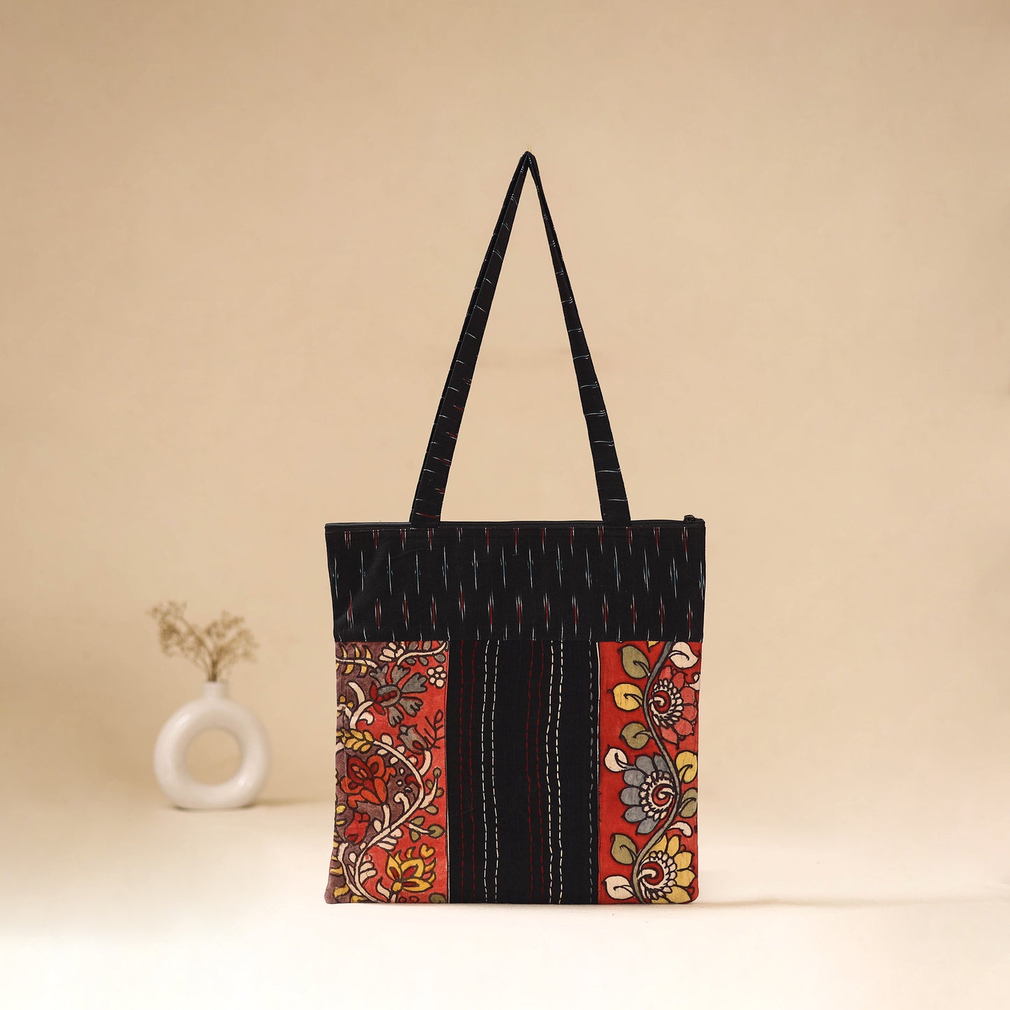 Srikalahasti Handpainted Kalamkari Ikat Patch Shoulder Bag by Dwarka Plus 48