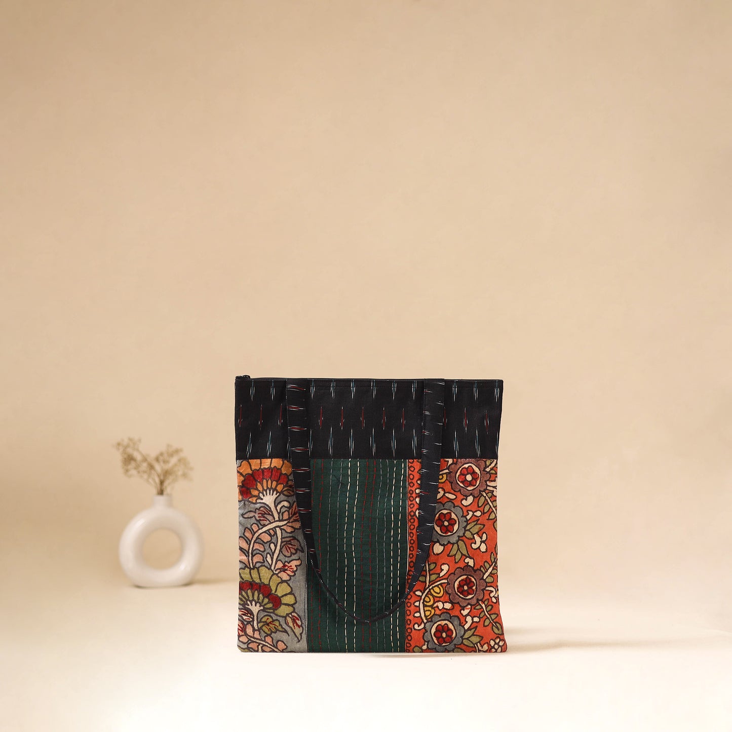 Srikalahasti Handpainted Kalamkari Ikat Patch Shoulder Bag by Dwarka Plus 48