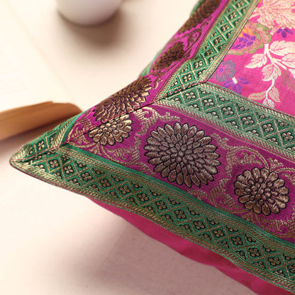 Pink - Banarasi Handwoven Silk Zari Cushion Cover (16 x 16 in)